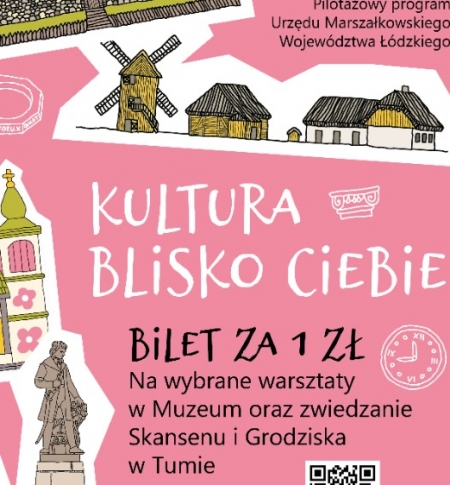 plakat zachęcający do wzięcia udziału w wydarzeniu, różowe tło, duży napis "Kultura Blisko Ciebie" 